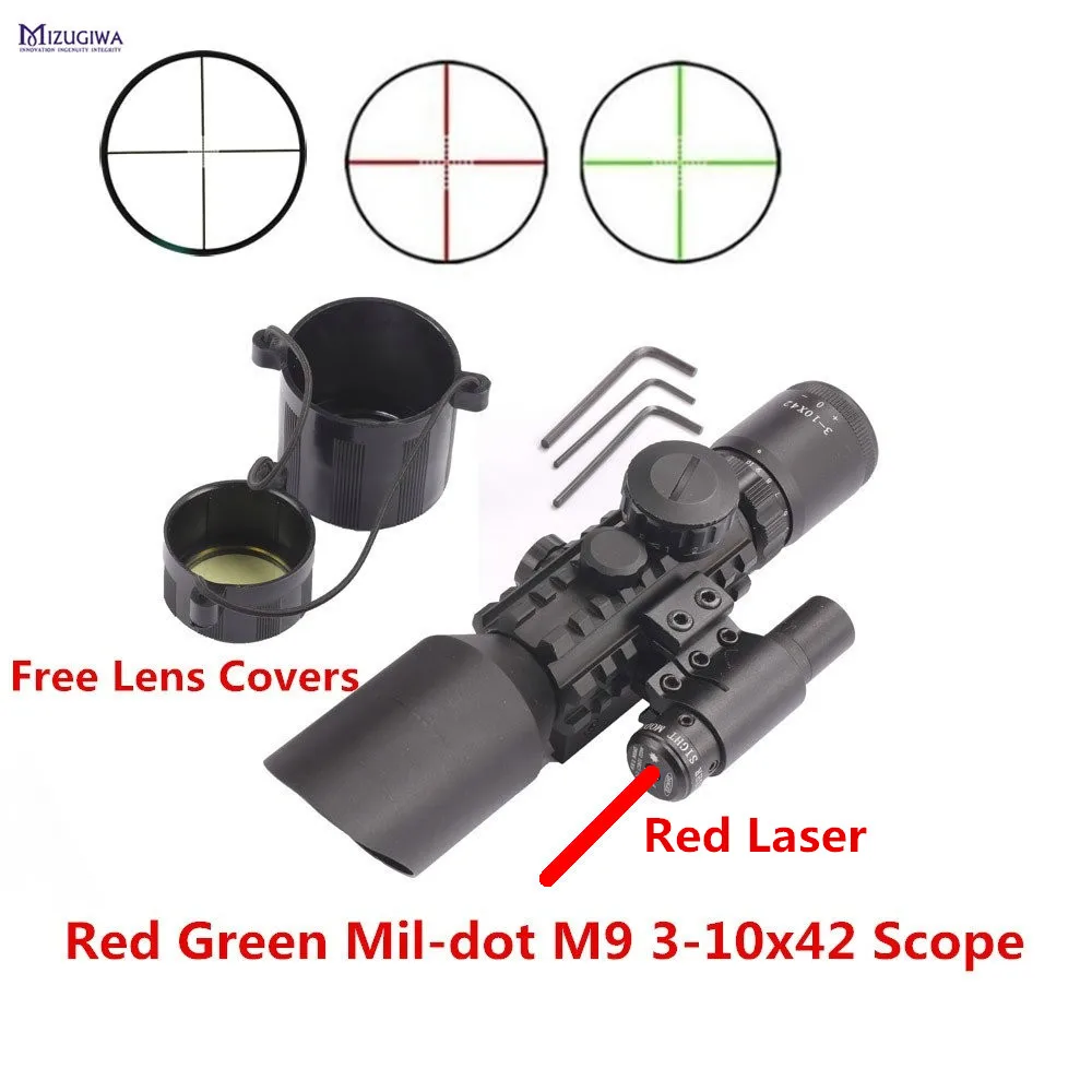 M9 3-10x42 Mil-Dot Reticle Red Green Dot Sight Rifle Scope With Red Laser Airsoft 20mm 11mm Mount Rail Mira Para Hunting Caza M9 3-10x42 Mil-Dot Reticle Red Green Dot Sight Rifle Scope With Red Laser Airsoft 20mm 11mm Mount Rail Mira Para Hunting Caza