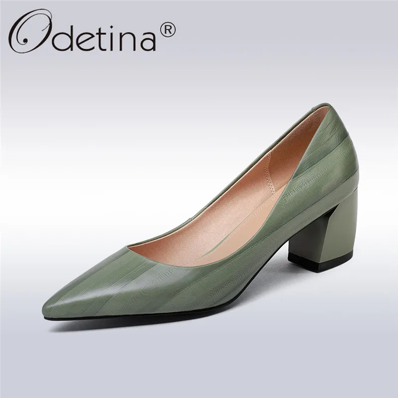 

Odetina 2018 New Fashion Genuine Leather Pumps Women Slip On Elegant Shoes Pointed Toe Square High Heels Pump Shoes Big Size 43
