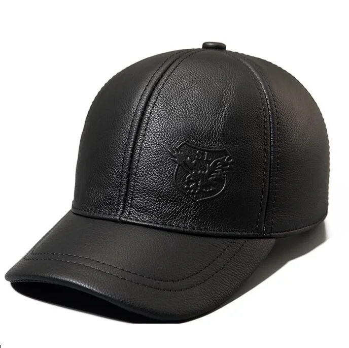 Billig Rindsleder baseball kappe männlichen herbst und winter echtem leder hut thermische verdickung männlichen baumwolle ohrenschützer winter hut