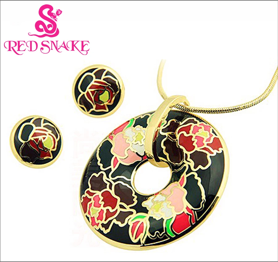 

RED SNAKE Hot Sale! Newest Black Feather Design Green Pink Blue Geometry Enamel Jewelry Set(Necklace, Earring)