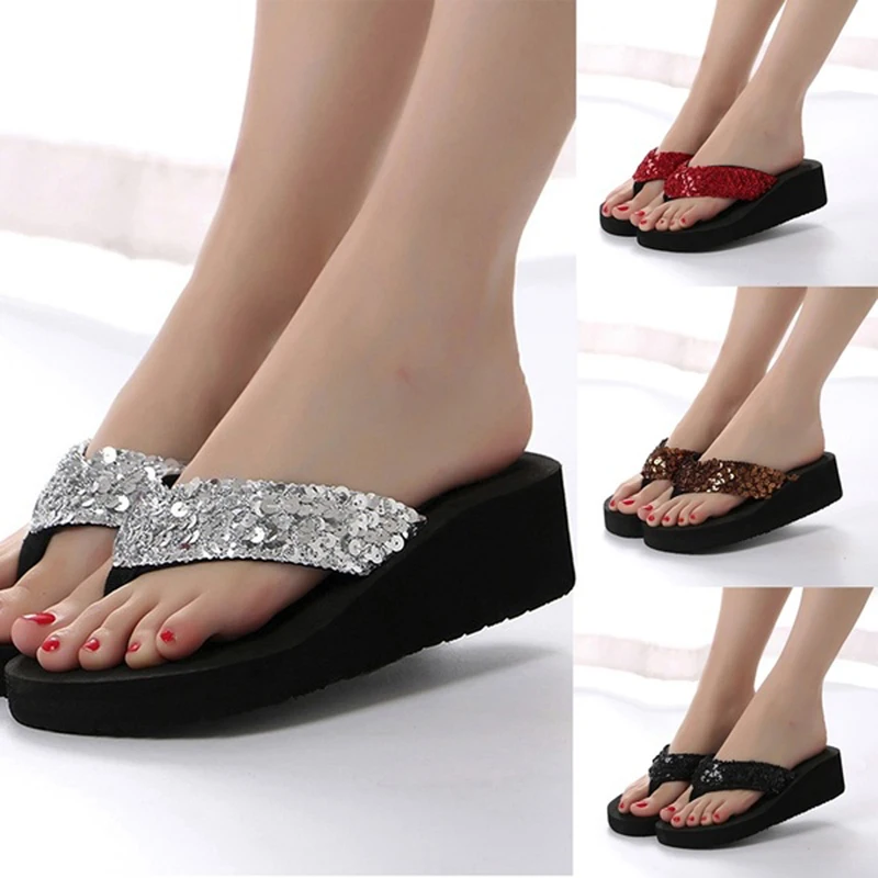 

2019 Summer Women's Slippers Sequins Anti-Slip Wedge Sandals Thong Mid Heels Platform Slippers Flip-flops Outdoor