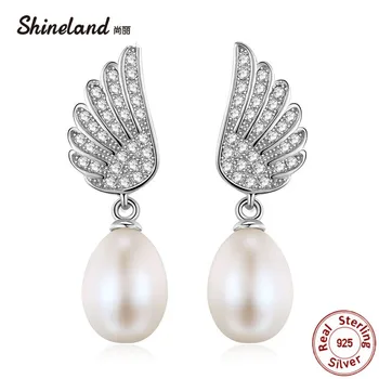 

Shineland New Design Authentic 925 Sterling Silver Pearl AAA Zircon Wing Wedding Drop Earrings For Women Lady Luxury Jewelry Hot