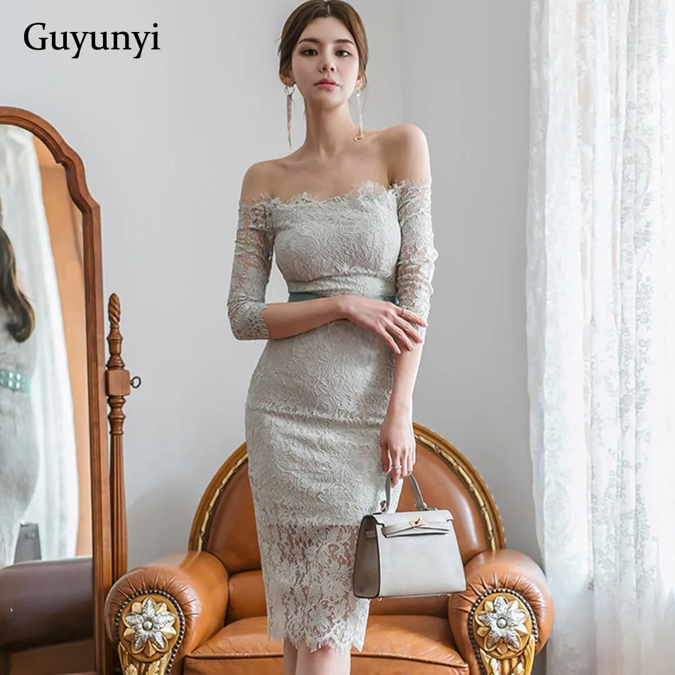 

Summer Office Dress 2019 Small Sexy Lace Dress Off the Shoulder Slash neck Three Quarter Sleeve Elegant Party Dress Women