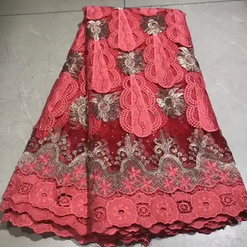 

2019 New African Cord Lace Fabric Peach red Fabric Swiss Voile lace big Stones Wholesale Price France Mesh Net Lace For Dress
