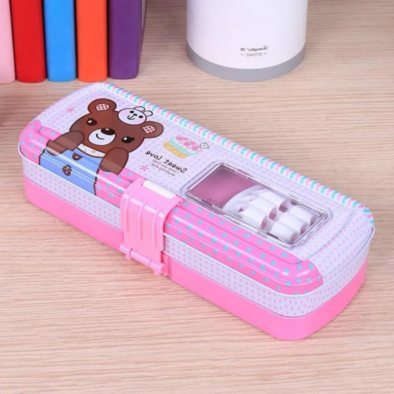 

Girls and Boys Three Layer Pencil Case Front Buckle Multi-function Cute Iron Student Stationery Box Pencil Case for School