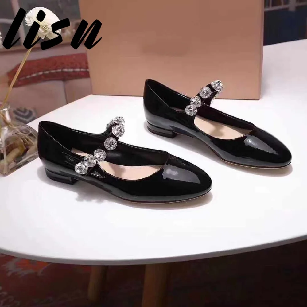 

LISN New Genuine Leather Buckle Strap Summer Sandals Round Toe Crystal Beading Thick Heel Pumps Shoes Women