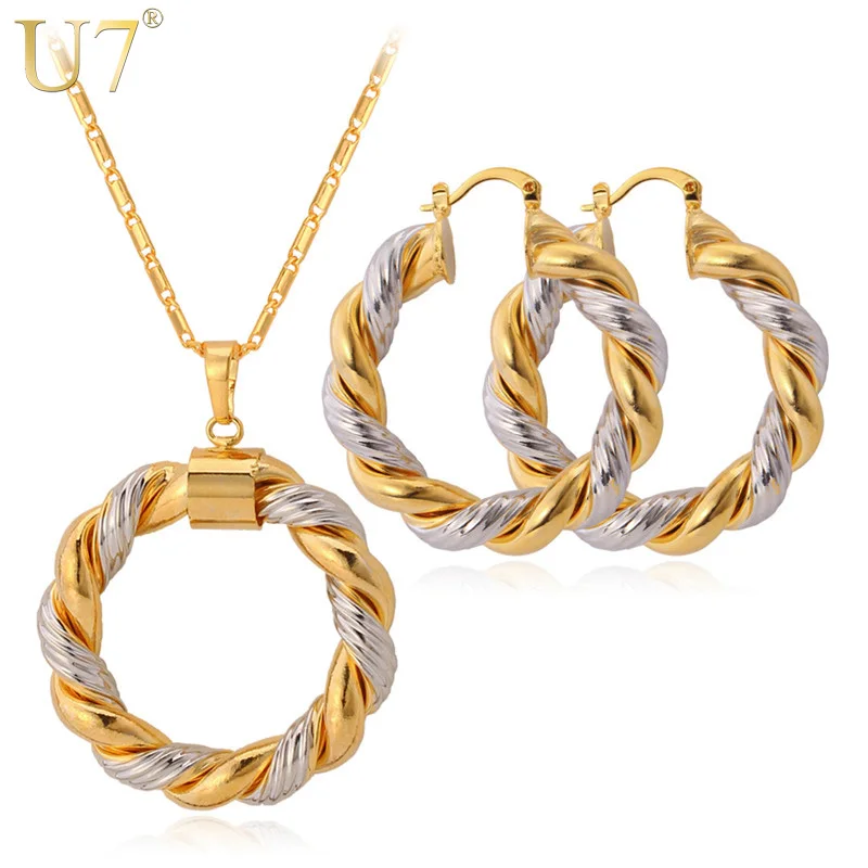 U7 Two Tone Gold Plated Pendant Necklace & Big Round Hoop Earrings Women Jewelry Sets S544
