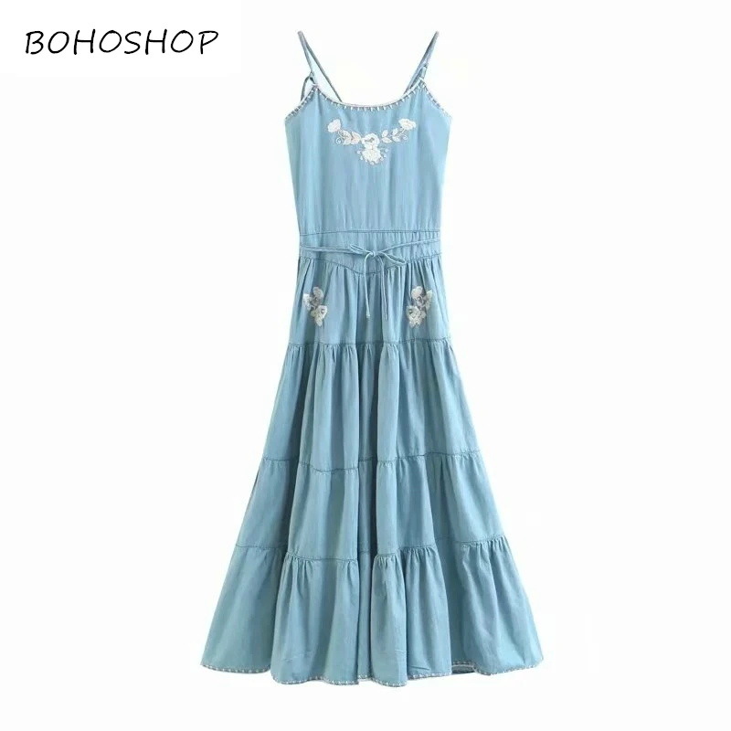 

Spring fashion chic women Spaghetti Strap Cami dress floral embroidery printing denim dress loose Midi dresses oversize