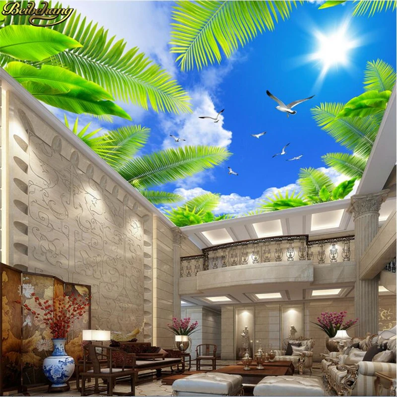 

beibehang Custom photo wallpaper beautiful blue sky white clouds coconut trees seascape sunny ceiling roof living room backgroun