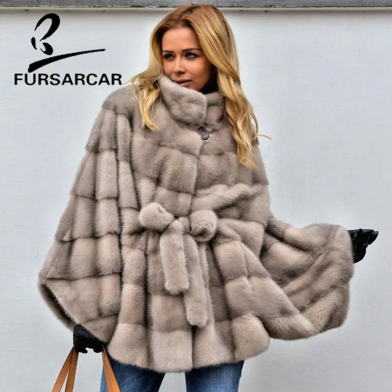 

FURSARCAR 2019 Latest Real Mink Fur Coats Women Bat-sleeved Winter Genuine Leather Mink Fur Women Winter Outfit Stylish Coat