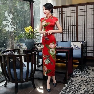 SHENG COCO/Желтые платья Qipao с цветочным принтом, винтажный чонсам, парча, длинное женское летнее платье с принтом, облегающее платье-Ципао, 2XL, XXXL - Цвет: red