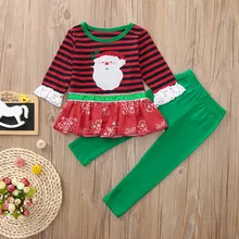 Одежда для маленьких девочек; Повседневный Рождественский топ в полоску с длинными рукавами и кружевом; штаны; комплекты для девочек; детская одежда; комплекты для девочек