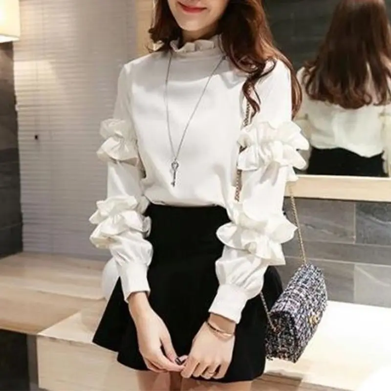 

N 2019 Chiffon Blouses Women Stand Petal Full Sleeve Trim Solid Color Casual Fashion Sweet Top Shirts