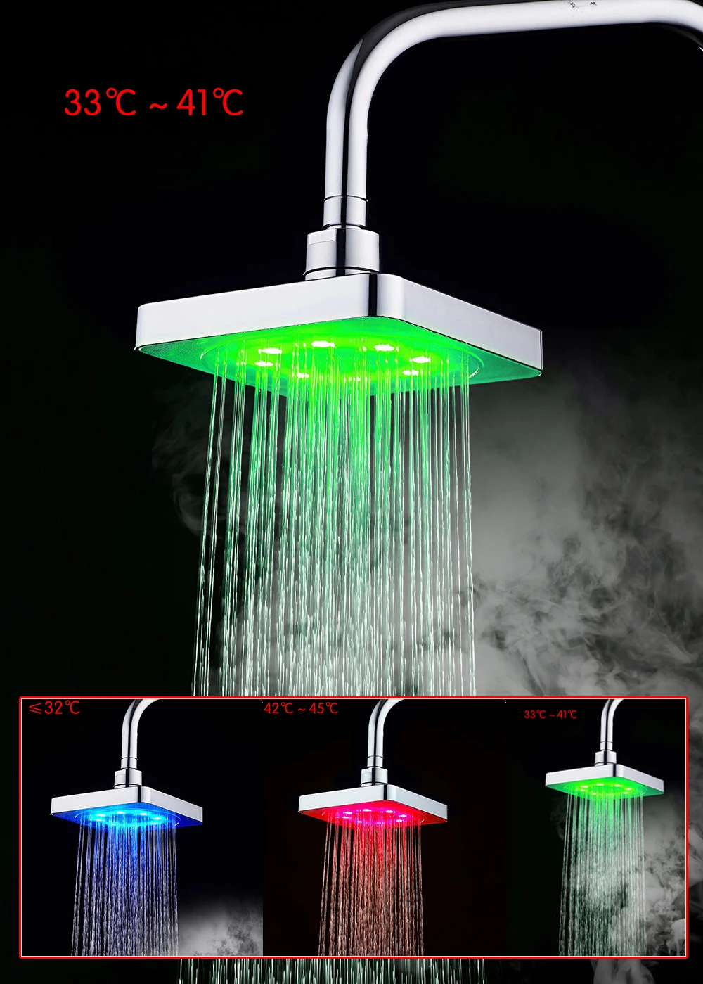 6 дюймов температура воды сенсор управление 3 цвета квадратный свет для ванной Дождь Топ насадки для душа
