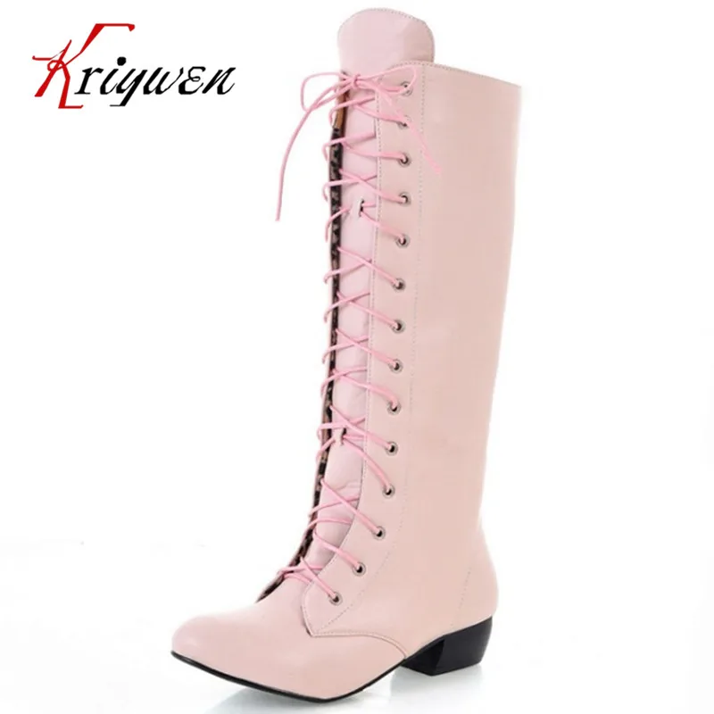

Plus Size 34-43 Winter Autumn women soft leather knot low heels lovely knee high boots 3colors pink ladies fashion female shoes