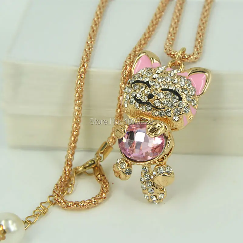 

New Fashion Jewelry Crystal Necklace For Women Lucky Smile Cat Long Necklace Pendants Rhinestone Chain Party Lover Gift