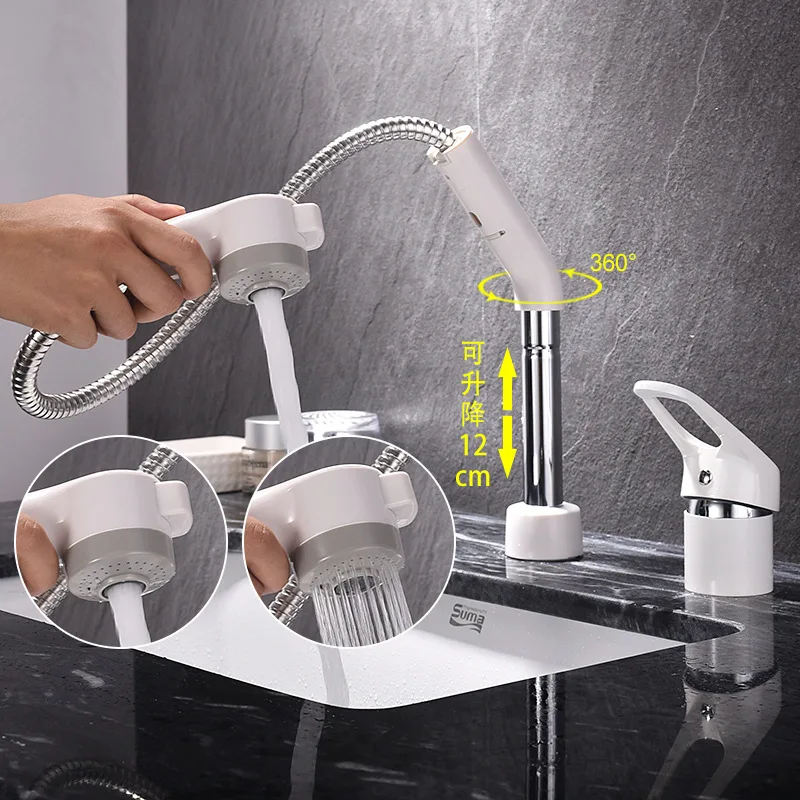 

Hand-Pulled Noodle Drainage Basin Faucet Split Double Lifting Telescopic Shower White Stretch