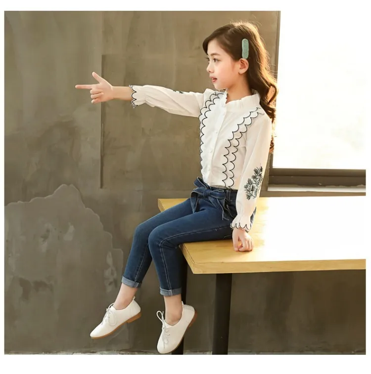 Roupa das Crianças Camisa de Renda + Calças Terno Outono Novo Crianças Meninas Coreano Estilo Manga Comprida Impressão Jeans 2 Pçs Conjuntos 2020 12 camisa de renda + calças jeans 2 pçs conjuntos