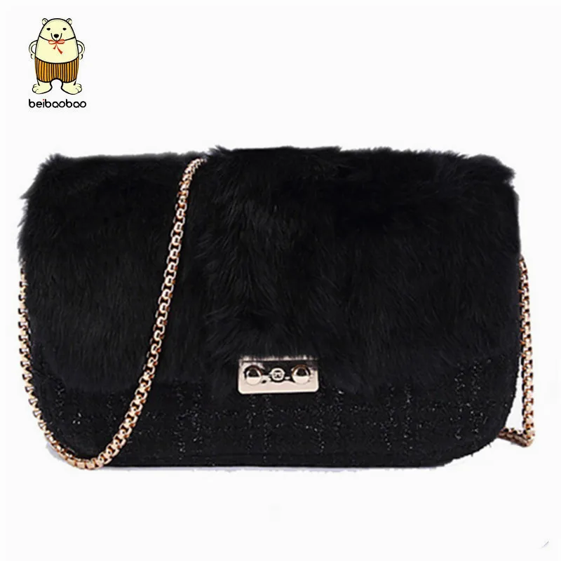 

Beibaobao Women Messenger pack Fur Rabbit Hair Bag for women Black single shoulder bags lady's evening purse clutch for ladies