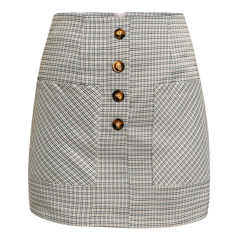 Sollinarry Houndstooth Women Straight Skirts High Waist Winter Buttons Chic Mini Skirt Female Casual Streetwear Short Skirts - Цвет: Многоцветный