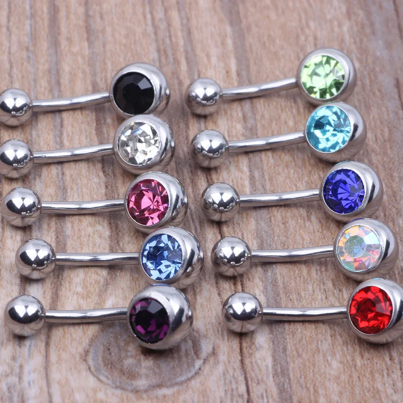 Wholesales Stainless Steel 100 pcs/lot Mix 10 Color 14G Body Piercing Jewelry Jewelled CZ Gem Navel Ring Belly Button Ring