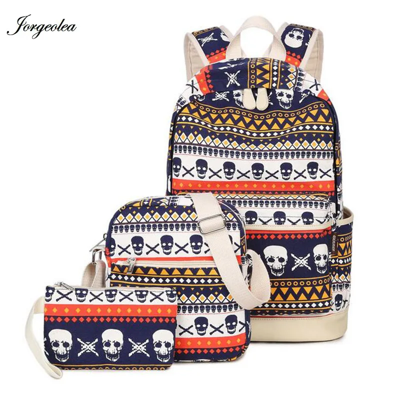 

Jorgeolea 3 Pieces Fashion Skull Printing Backpack For Teenage Canvas Women's Backpack Nylon Laptop School Bags Retail