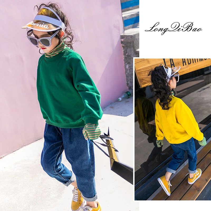 

Baby girl cotton cotton jeans two-piece set autumn 2018 new girl Korean version of the ocean fake two-piece sweater suit tide