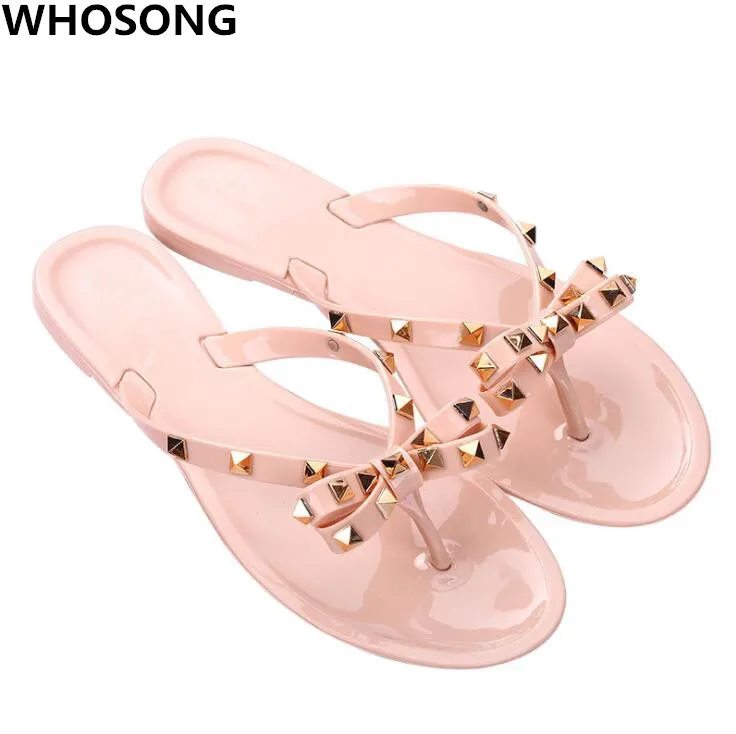

2019 new rivet bow summer women go out beach sandals and slippers jelly PVC durable slippers