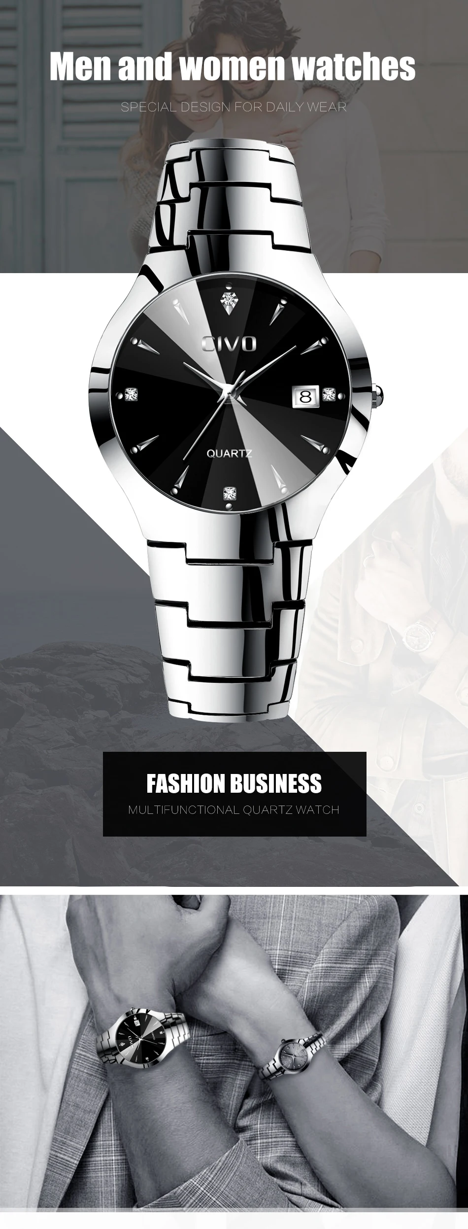 CIVO, модные мужские часы, лучший бренд, Роскошные, водонепроницаемые, пара часов, серебристый ремешок из нержавеющей стали, наручные часы для мужчин и женщин