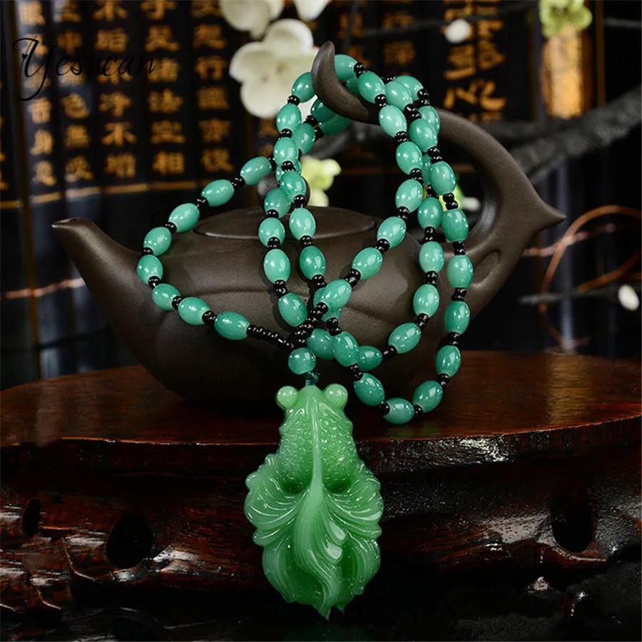 

Yeuscan Simple Bead Long Sweater Chain Necklace Fish Buddha Leaf Lucky Green Stone Bells Pendant Necklaces Charm Flower Jewelry