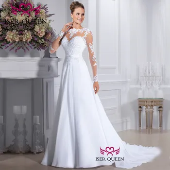 

See-through Long Sleeves with Embroidery Soft Satin Graceful Pure White Thin Sashes Button Wedding Dresses Court Train w0223