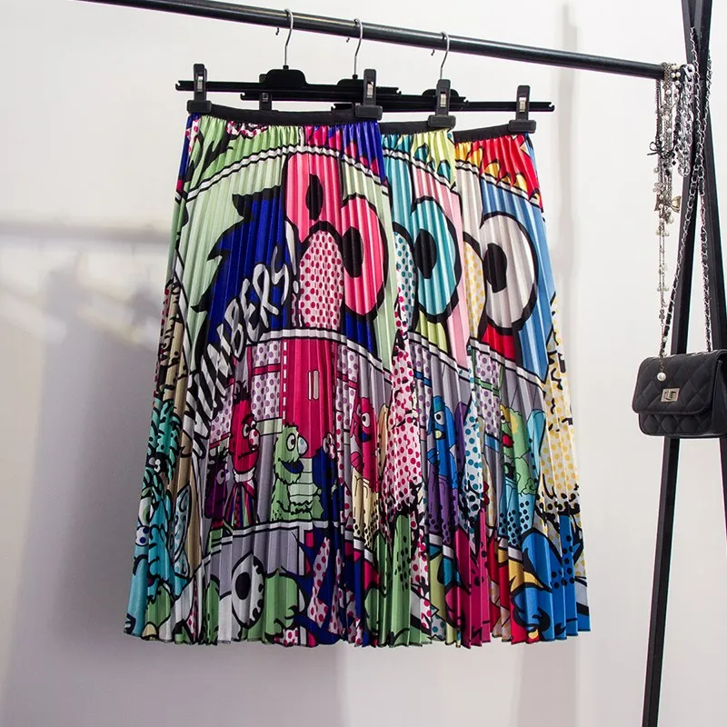 Новая женская юбка миди с принтом в виде лягушки Kawayi контрастная цветная летняя плиссированная юбка женская повседневная юбка в стиле хип-хоп Falda