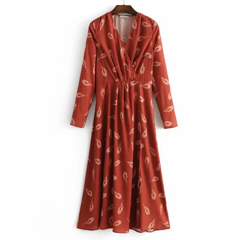 Women's Clothing Dress 2019 Yellow Feather Printed Split V-Neck Dress Ms Summer Street Sexy Slim Fit Temperament Clothing
