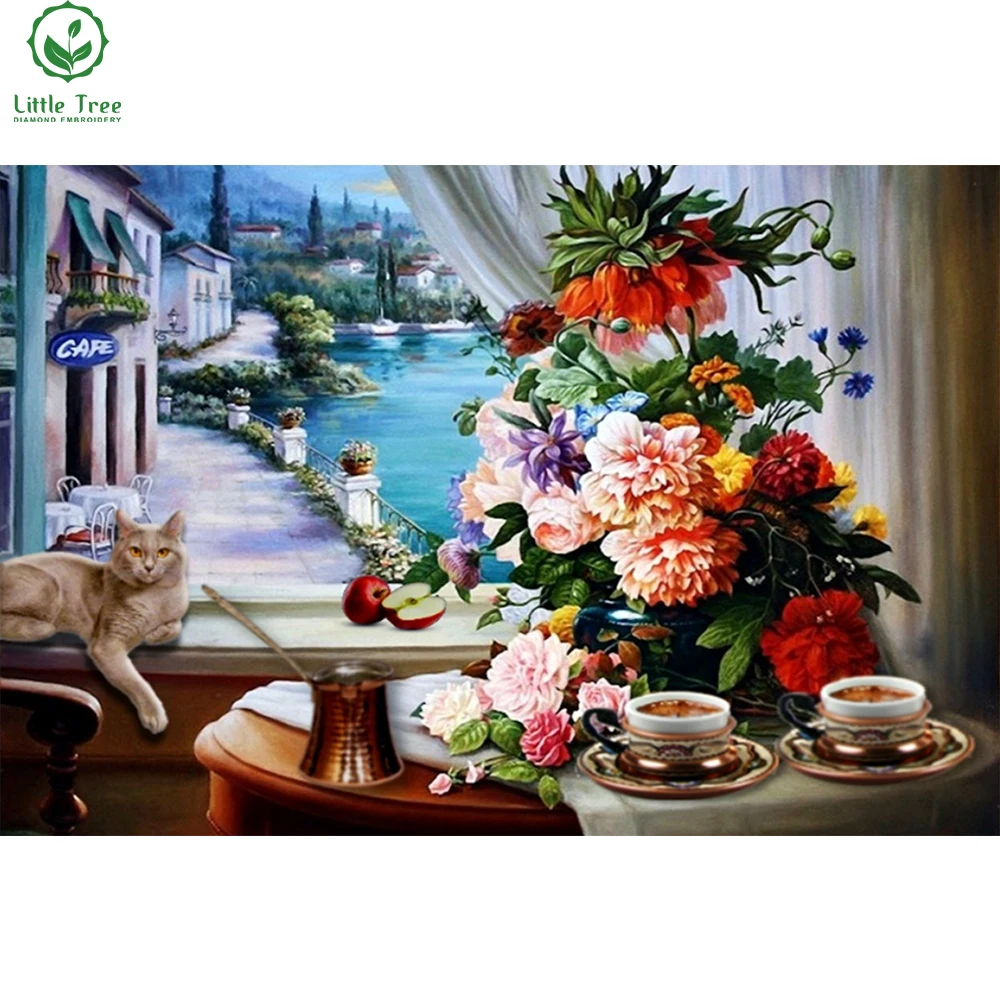 

square resin diamond painting mosaic cross stitch morning coffee with cat diy rhinestones embroidery home accessories needlework