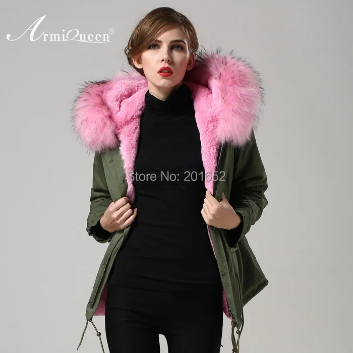 Clearance 2015 Real Raccoon fur parke jacket mens womens pink faux fur lined coat  fashion show outwear c0153 4