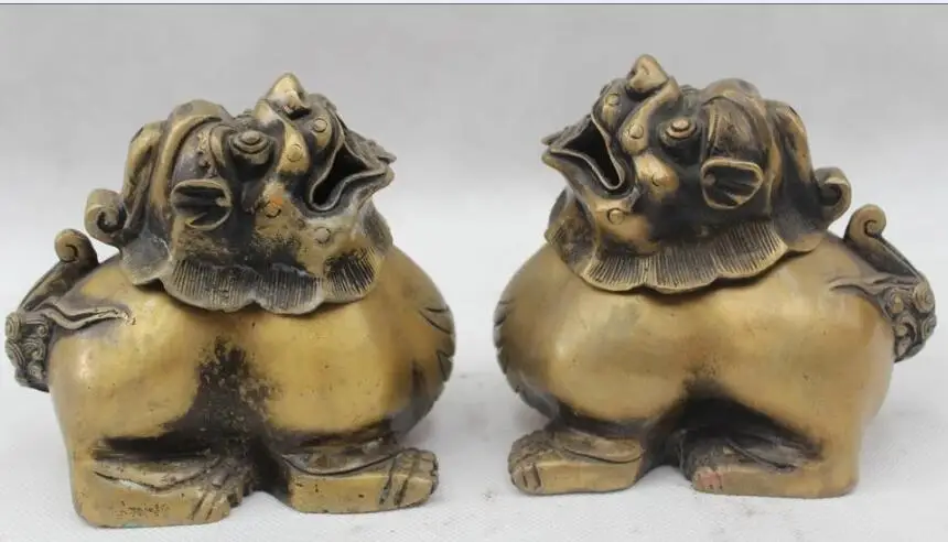 

S02837 4"Chinese Marked Folk Pure Bronze Lucky Two Lion Burner incense burner Statue (B0413)