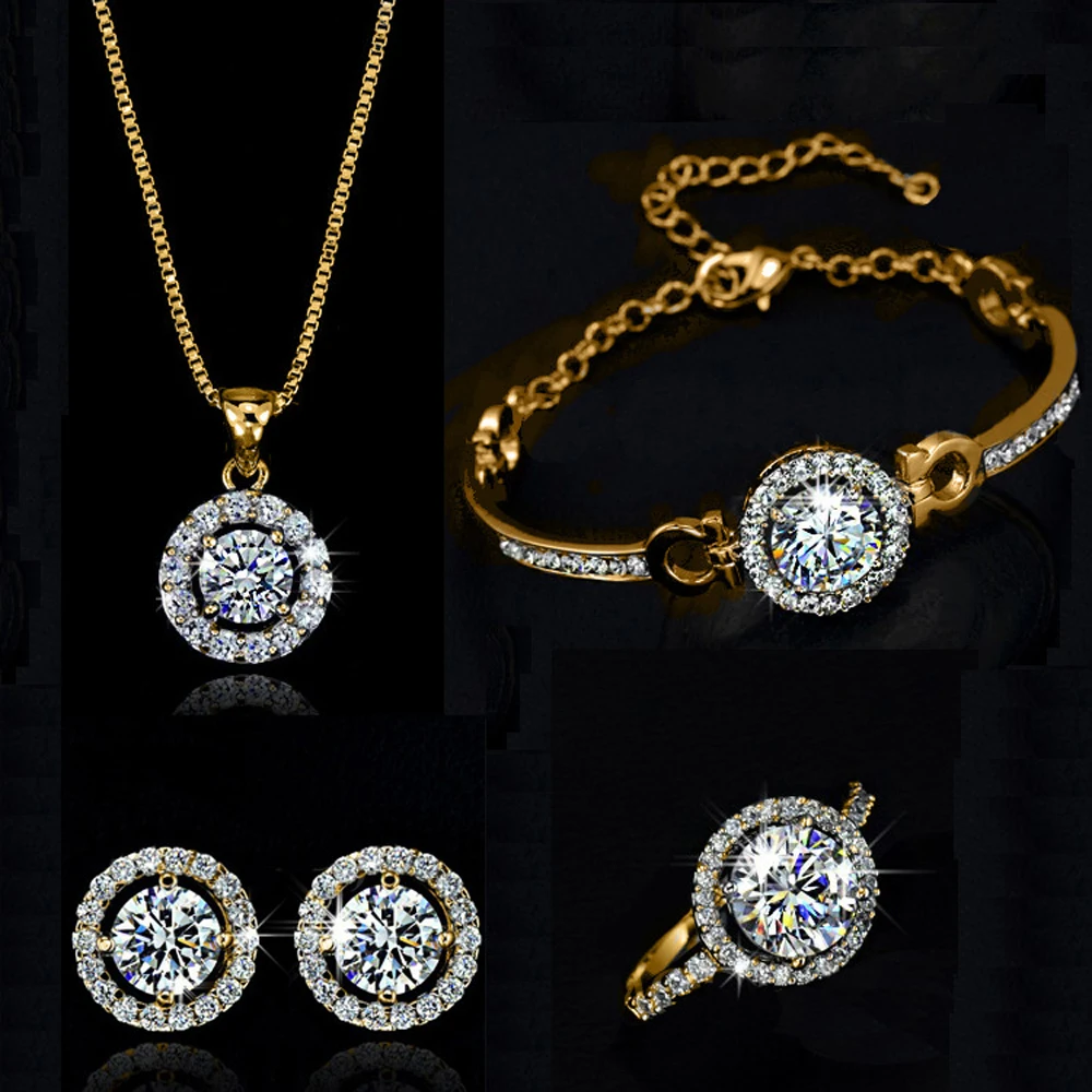 Высокое качество, изысканное женское свадебное ожерелье, серьги, кольцо, ювелирный набор, посеребренное покрытие, циркон, кристалл