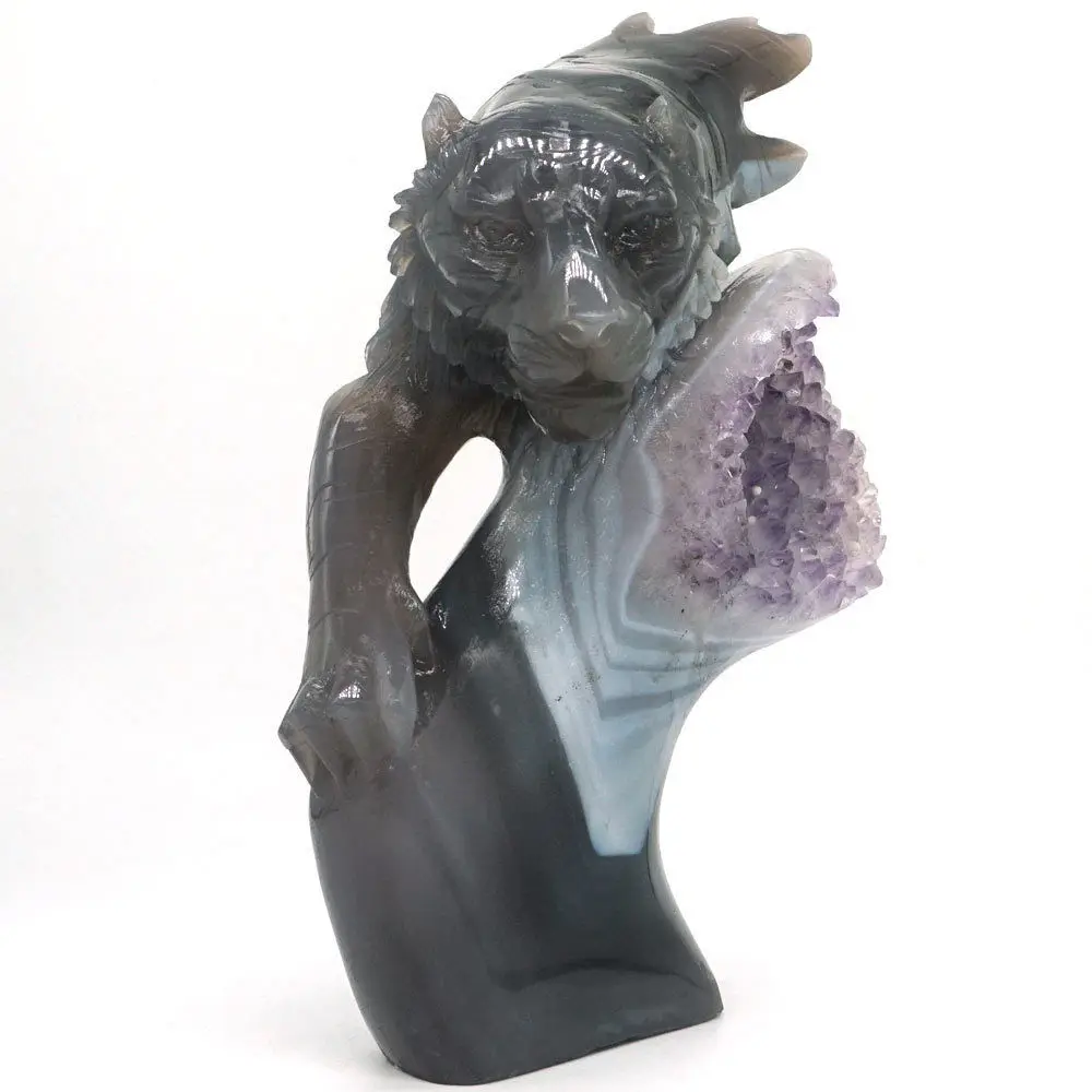 

Tiger Head Statue Natural Gems Amethyst Geode Agate Crystal Healing Decor 7.2