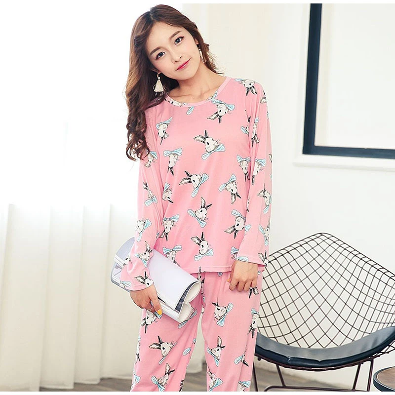 Для женщин длинный рукав мультфильм печати рубашка брюки 2-piece Pajama Set пижамы Homewears женский осень Милые комплекты Для женщин