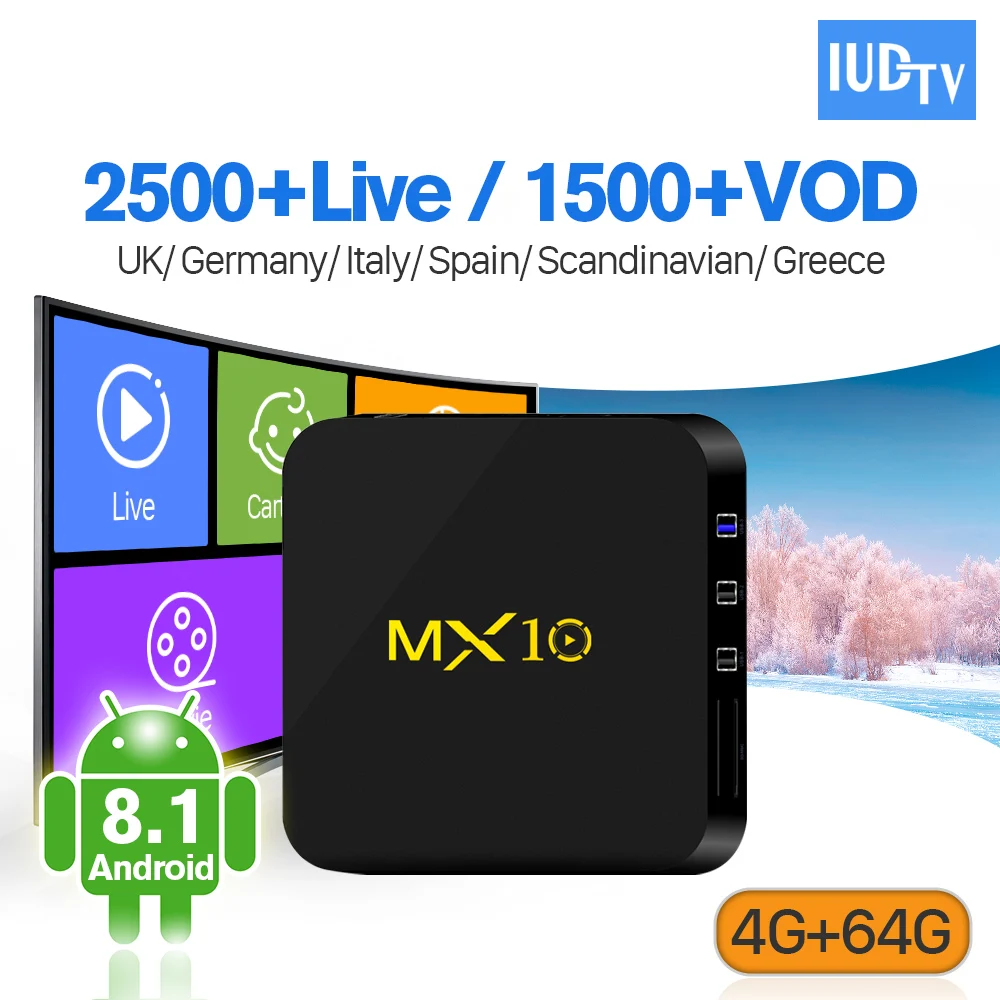 

4G 64G MX10 RK3328 Android 9.0 TV Box H.265 4K Media Player 1 Year IUDTV Subscription IPTV Europe Sweden Italy Spain IPTV Box