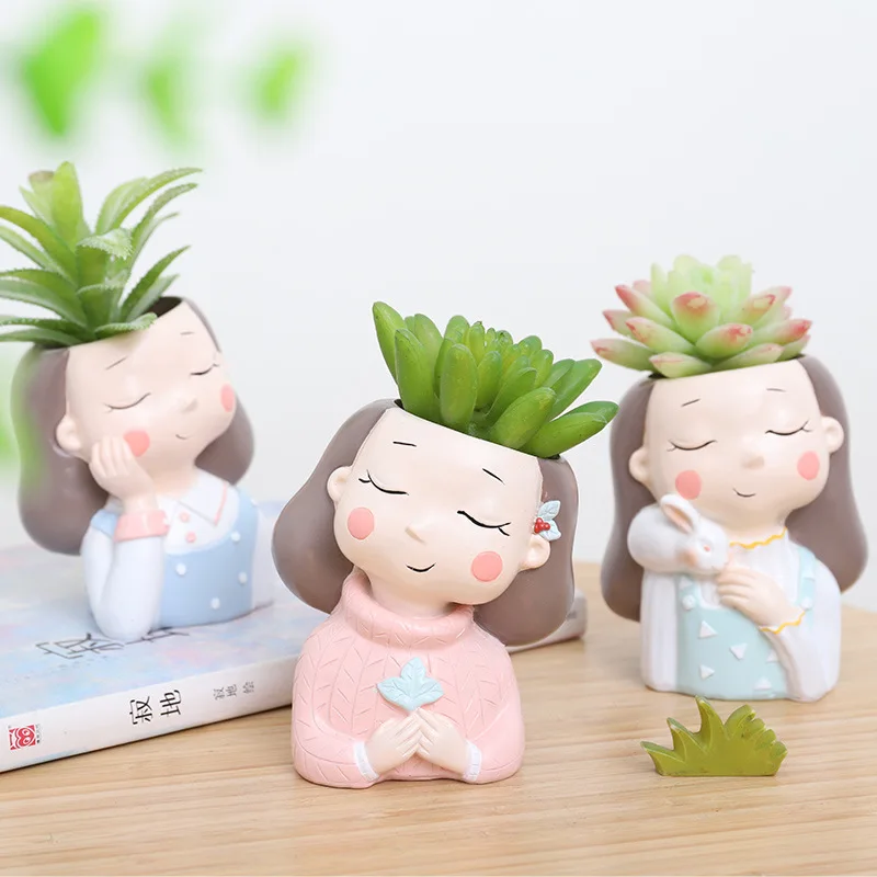 

Cute Cartoon Girls Shaped Resin Succulent Cactus Flower Plant Pot Planter for Home Office Desktop Decoration