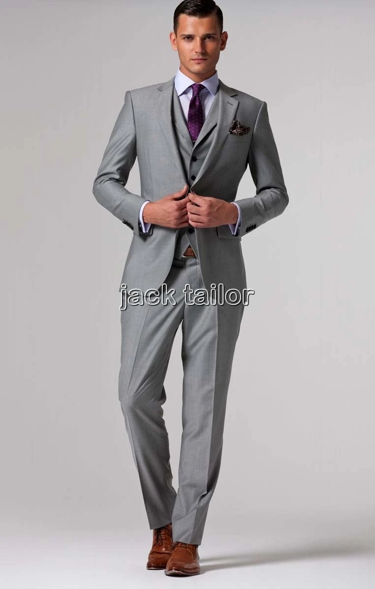 custom made slim fit light grey Suits business suit wedding groom men ...