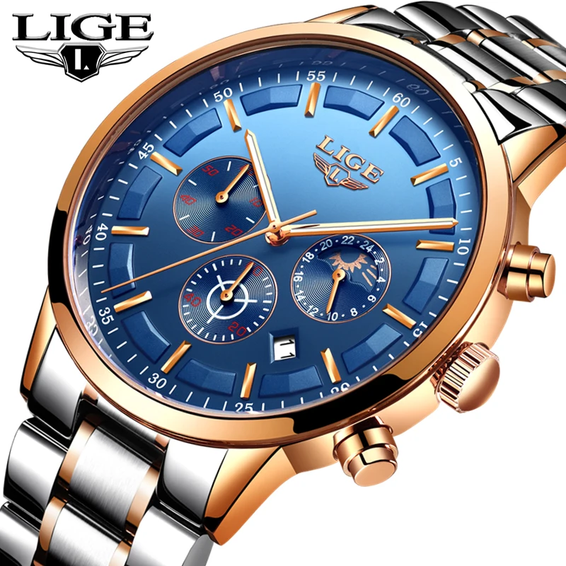

LIGE Fashion Mens Watches Top Brand Luxury Waterproof Sport Quartz Watch Men Full Steel Business Gold Watch Relogio Masculino