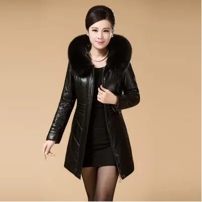 Зимние теплые женские парки размера плюс 4XL 5XL, кожаное пальто с меховым капюшоном для женщин большого размера, утепленное пуховое хлопковое пальто Ds50277 - Цвет: black