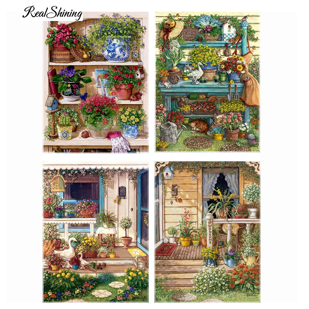

REALSHINING Warm Home Flower Shelf Diamond Embroidery Diy Diamond Paintings Mosaic Picture Pattern Cross Stitch Full Kit D144
