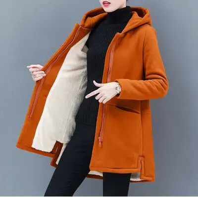 Плюс бархат пальто Parker Женская толстовка с капюшоном на осень-зиму новые больших размеров свободного кроя средней длины Теплая хлопковая куртка Женская одежда - Цвет: Yellow