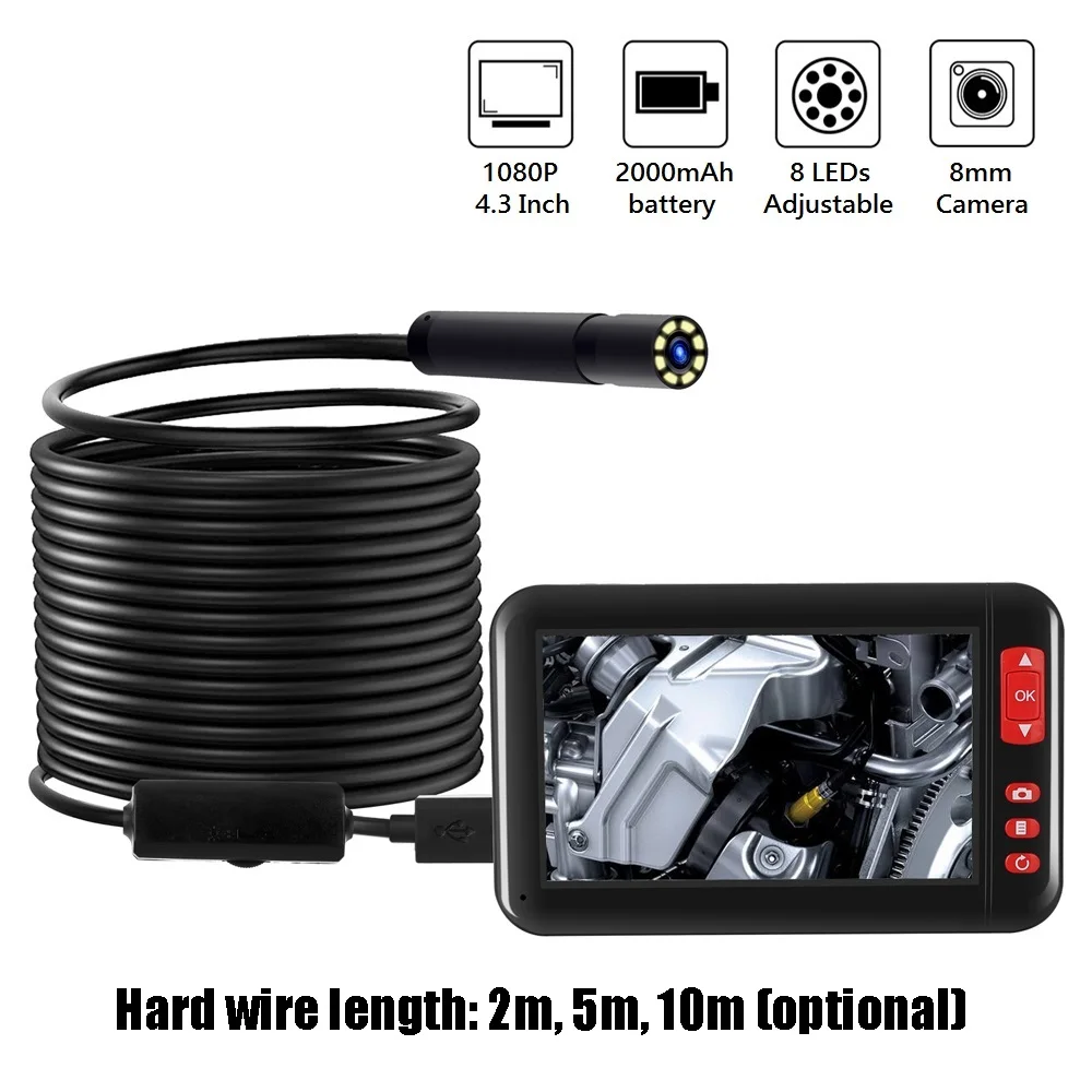 

F200 10M Industrial Endoscope Camera 4.3 Inch 1080P Screen Endoscope Industrial 8 LEDs Rechargeable lithium battery Endoscope