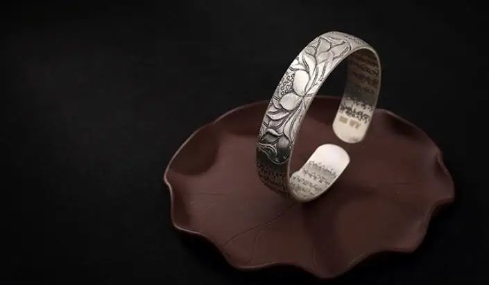 

JOOCHEER Sterling S999 999 silver Bangle lotus Buddhist sutras vintage trendy opening bracelet Chinese characters