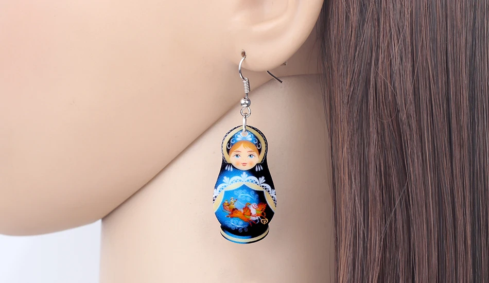 Bonsny Acrylic Cute Russian Doll National Culture Printing Earrings Drop Dangle Fashion Jewelry For Women Girls Teens Gift