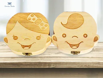 Caja de dientes de madera para bebé, organizador de tres idiomas, almacenamiento de dientes de leche, cordón UmbilicaSave, caja de regalo Lanugo
